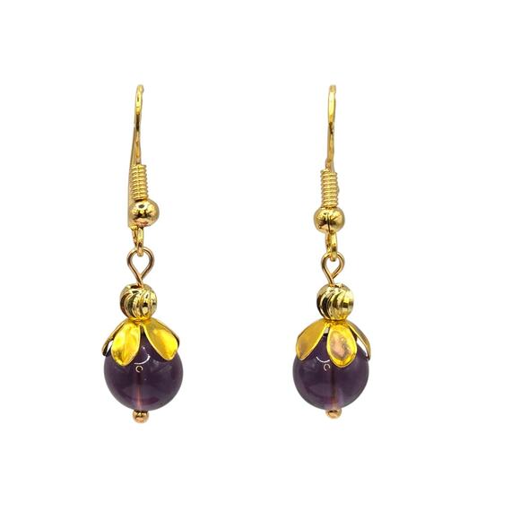 Amethyst Pierced Earrings Bead Dangle Drop Gold Tone 8mm Purple SKU 2807 - Picture 1 of 4
